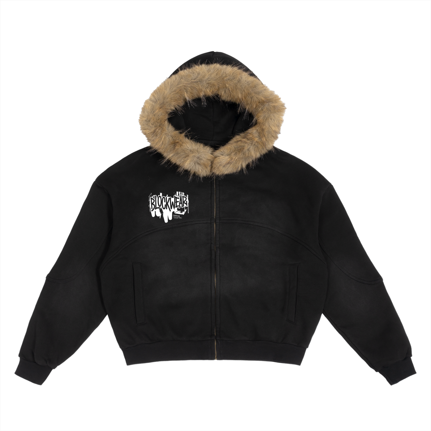 BlockWear Crypto Hustle Sun-Fade Boxy Detachable Fur Hoodie – Urban Bitcoin Edition