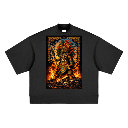 Aztlan Fire Warrior Heavyweight Oversized Mock Neck T-Shirt – Sacred Sun Conqueror Edition